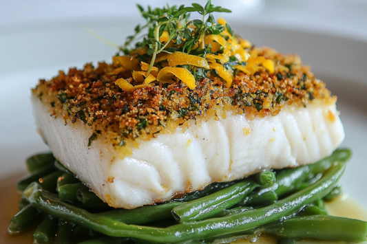 Crispy White Fish with Lemon Herb Crust and Garlic Green Beans
