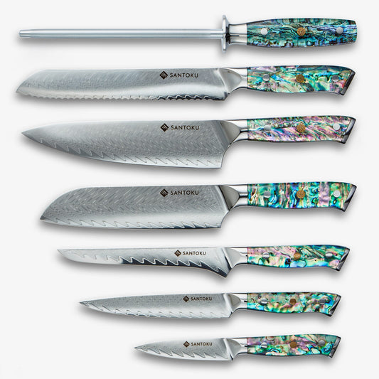 Zestaw noża stalowego Chikashi (ちかし) Damascus z uchwytem abalone