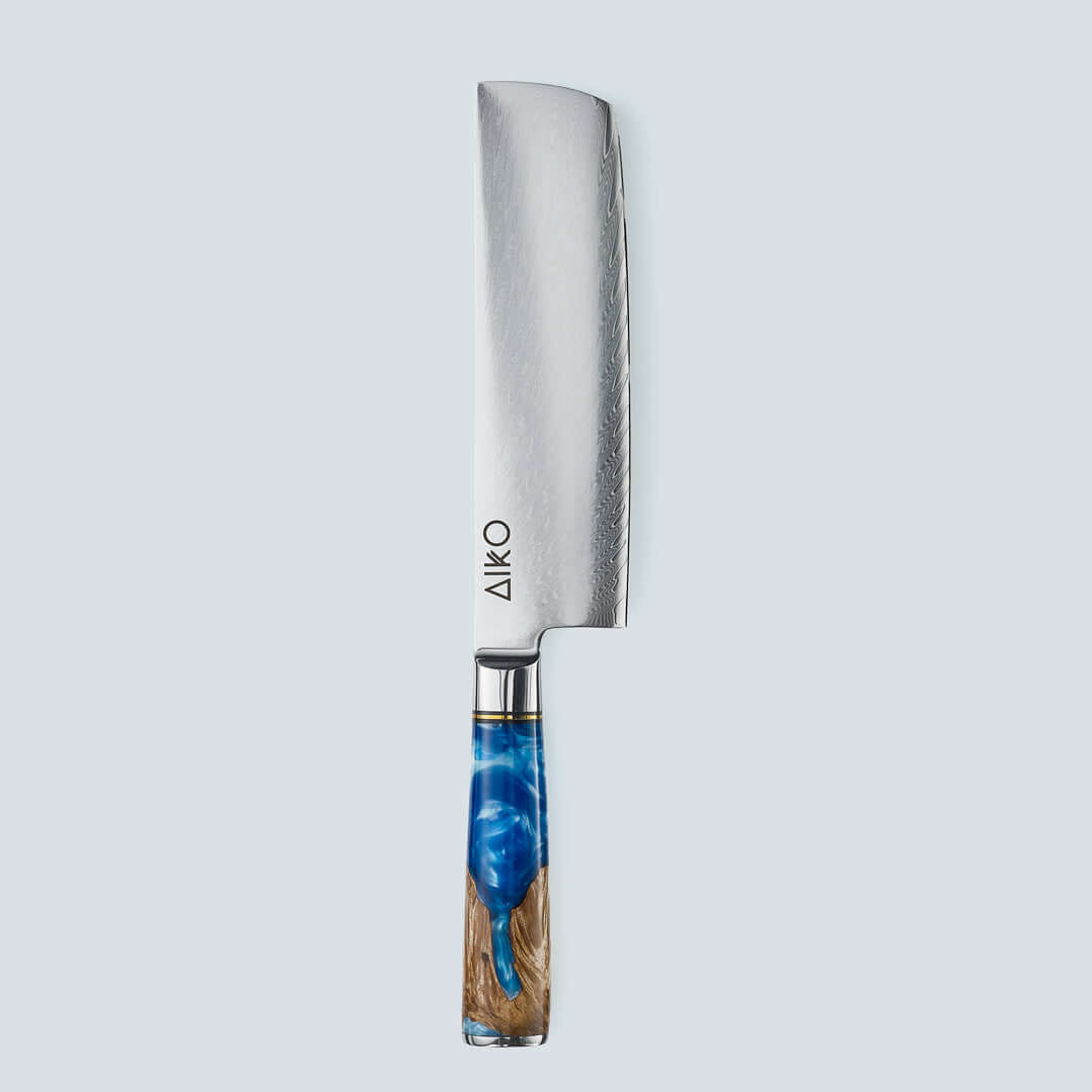 Aiko Blue (あいこ, アイコ) Stalowy nóż Damascus z kolorowym niebieskim uchwytem żywicy