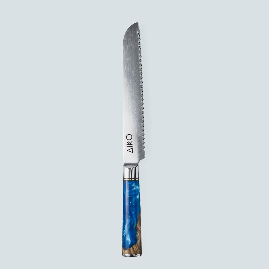 Aiko Blue (あいこ, アイコ) Stalowy nóż Damascus z kolorowym niebieskim uchwytem żywicy