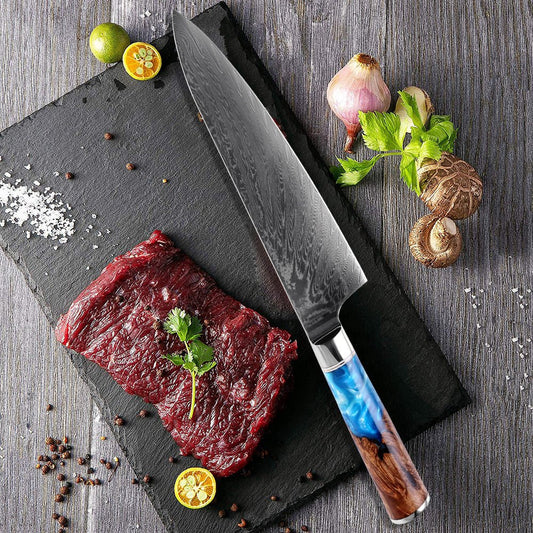 Gyuto (牛刀) Nóż stalowy Damascus z kolorowym niebieskim uchwytem żywicy