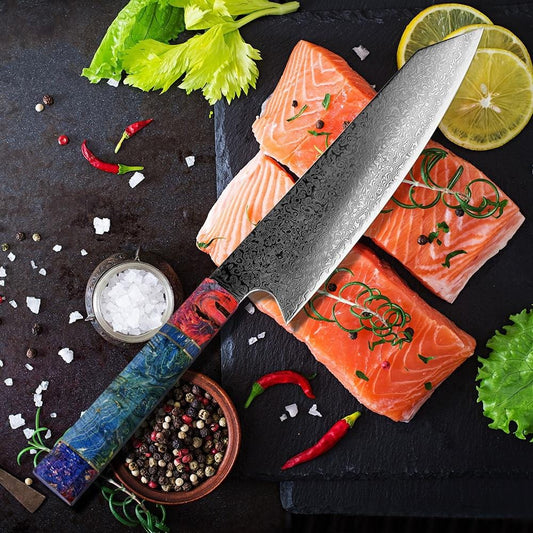 Kiritsuke (きりつけ) Damascus Steel Nóż z kolorowym hebanowym uchwytem