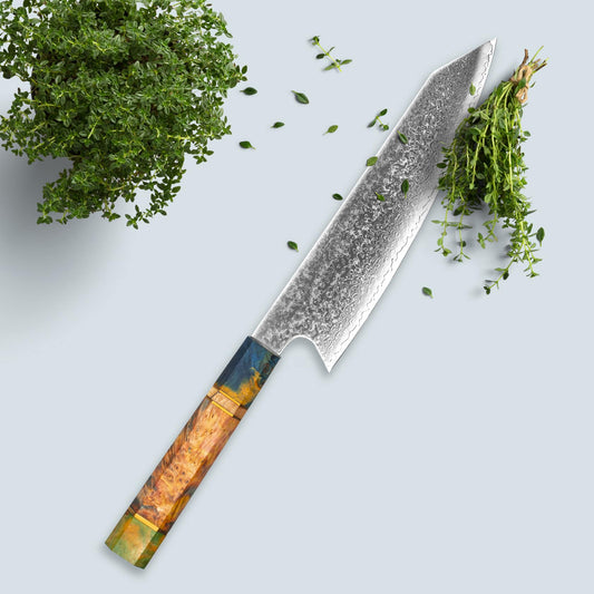 Ichika (いちか) Nóż stalowy Damascus z kolorowym ośmiokątnym uchwytem