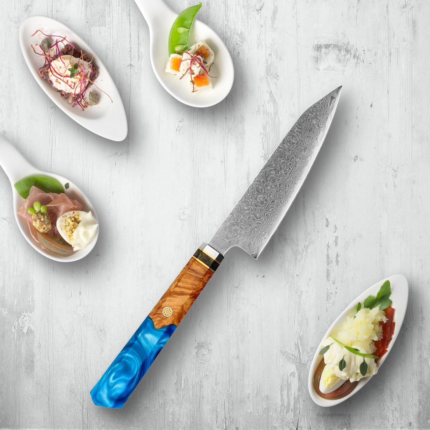 Makito Damascus Stalowe noże z kolorowym niebieskim uchwytem żywicy