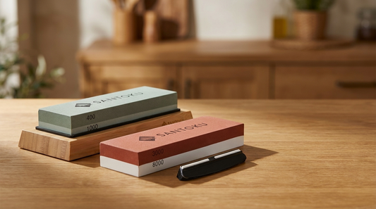 Japanese whetstone sharpening set with 400/1000 and 3000/8000 grit stones, bamboo base and angle guide on a kitchen worktop