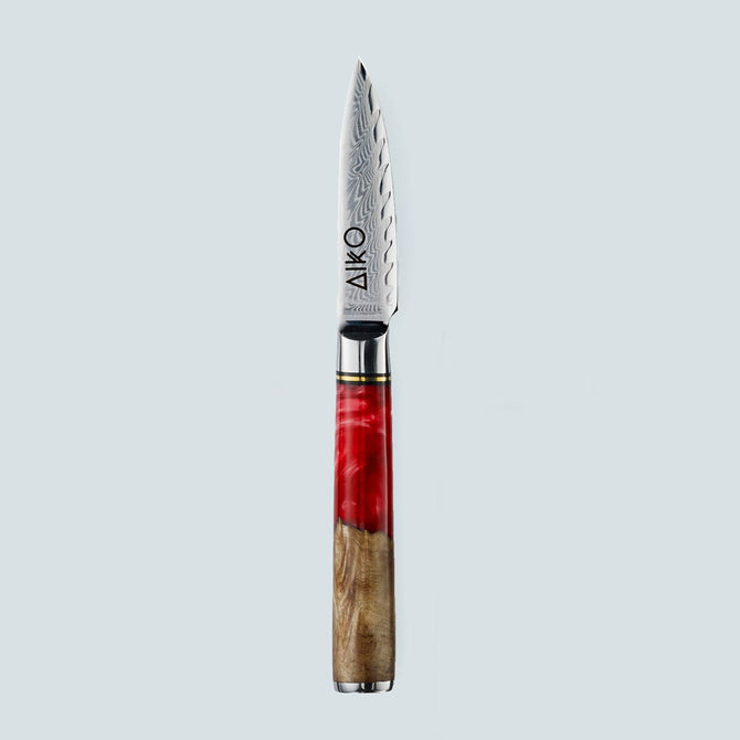 Nóż Aiko ze stali damasceńskiej w kolorze czerwonym z rękojeścią z kolorowej czerwonej żywicy