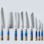 Niebieski nóż ze stali damasceńskiej Aiko z rękojeścią z kolorowej niebieskiej żywicy