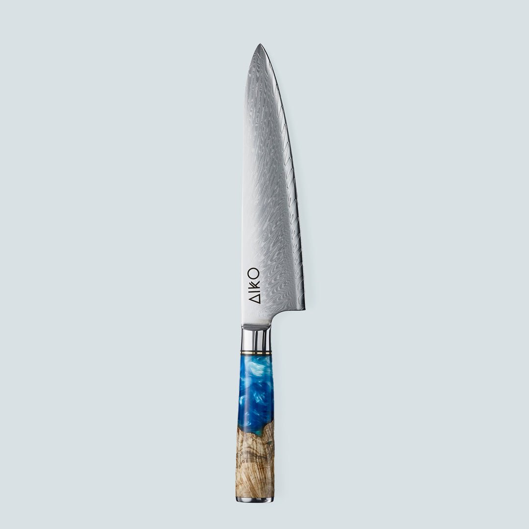 Aiko Blue (あいこ, アイコ) Stalowy nóż Damascus z kolorowym niebieskim uchwytem żywicy
