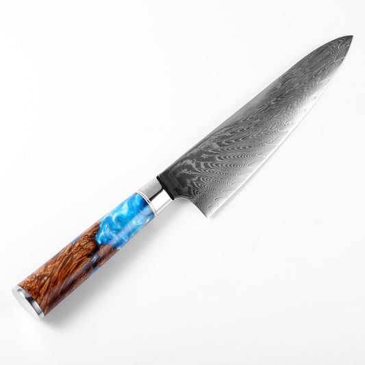 Gyuto (牛刀) Nóż stalowy Damascus z kolorowym niebieskim uchwytem żywicy