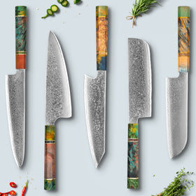 Nóż Ichika ze stali damasceńskiej z kolorową ośmiokątną rękojeścią