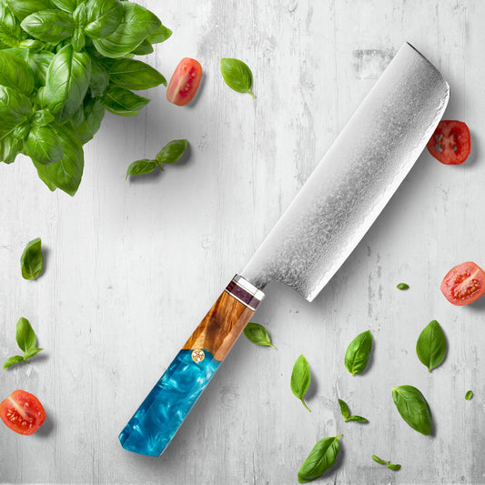 Makito Damascus Stalowe noże z kolorowym niebieskim uchwytem żywicy